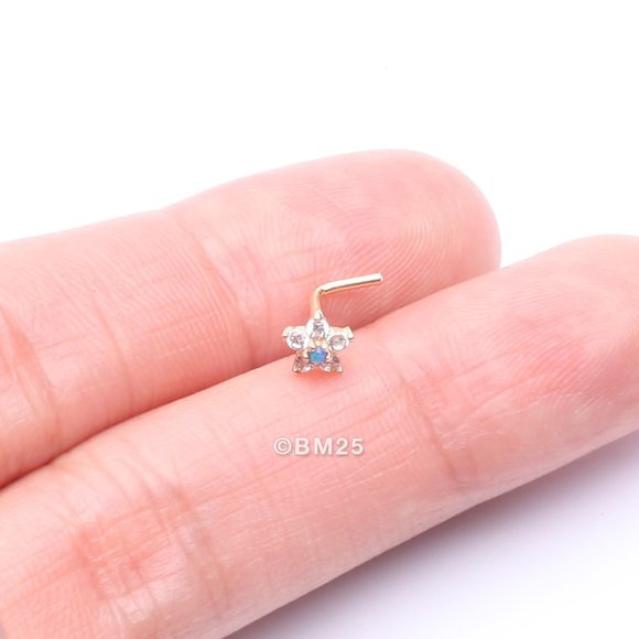 14 Karat Gold Fire Opal Multi-Gem Sparkle Flower Top L-Shaped Nose Ring - Picture 2 of 5